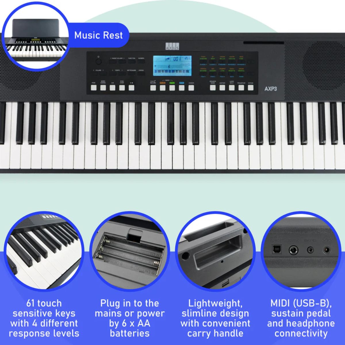 Axus AXP3 61 Note Slimline Portable Keyboard - Rental