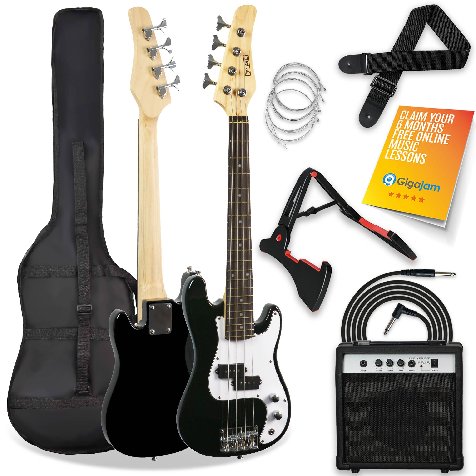 3rd Avenue 3/4 Bass Guitar Pack - Black - Rental